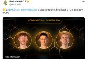此前金球未发文，皇马祝贺赫伊森、居莱尔和马斯坦托诺进金童候选